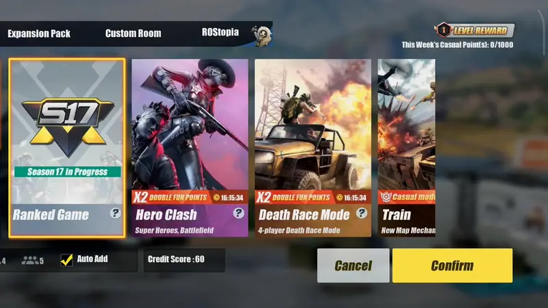 ROS Legacy mode select screen with maps and modes