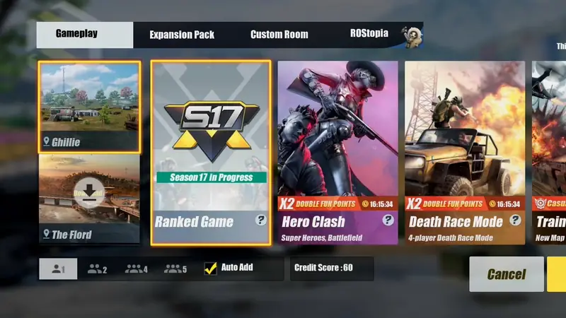 ROS Legacy mode select screen with maps and modes