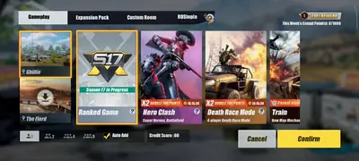 The ROS Legacy mode select screen showing the Ghillie and The Flord maps, Ranked Game, Hero Clash, Death Race Mode and Train