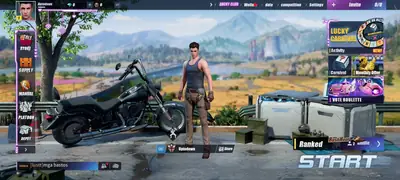 The ROS Legacy main lobby with the player character beside a motorcycle, Ghillie Island in the background and the Ranked start panel